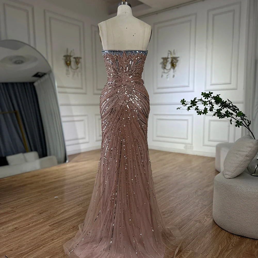 Luxury Dubai Saudi Arabic Pink Mermaid Evening Dress with High Split for Formal Occasion LA72480