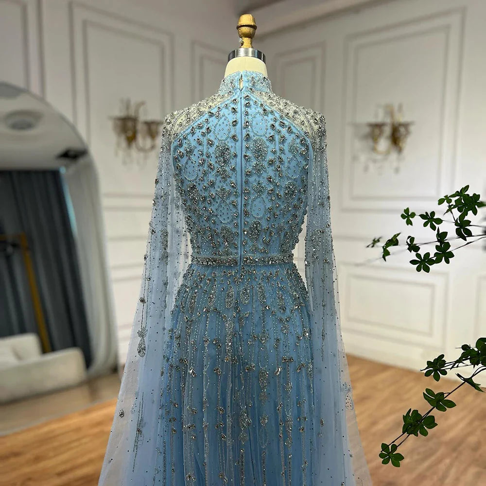 Luxury Blue Beaded A-Line Evening Gown with Cape Sleeves LA71803G