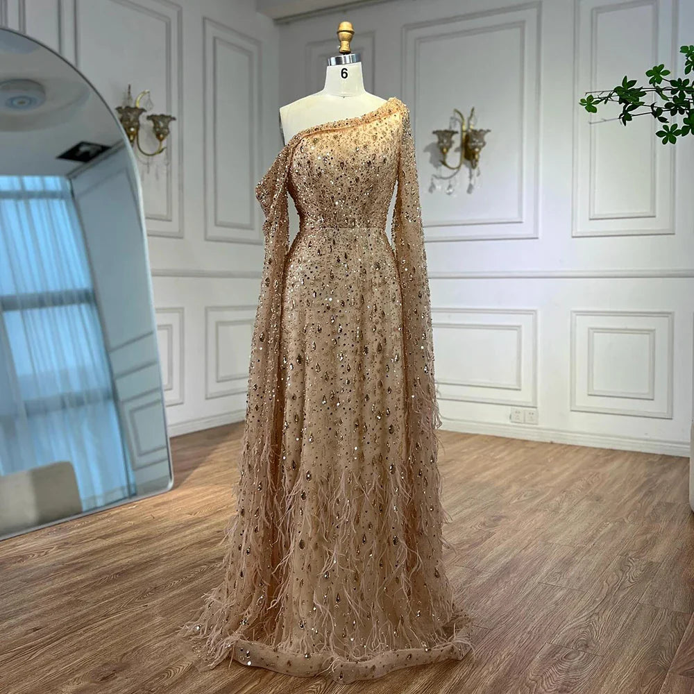 Luxury Feather One Shoulder Evening Dress with Cape Sleeves LA72763
