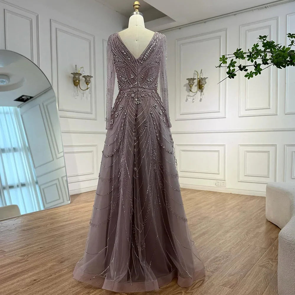 Luxury Pink Beaded A-Line Evening Dress 2025 with V Neck & Long Sleeves LA73114