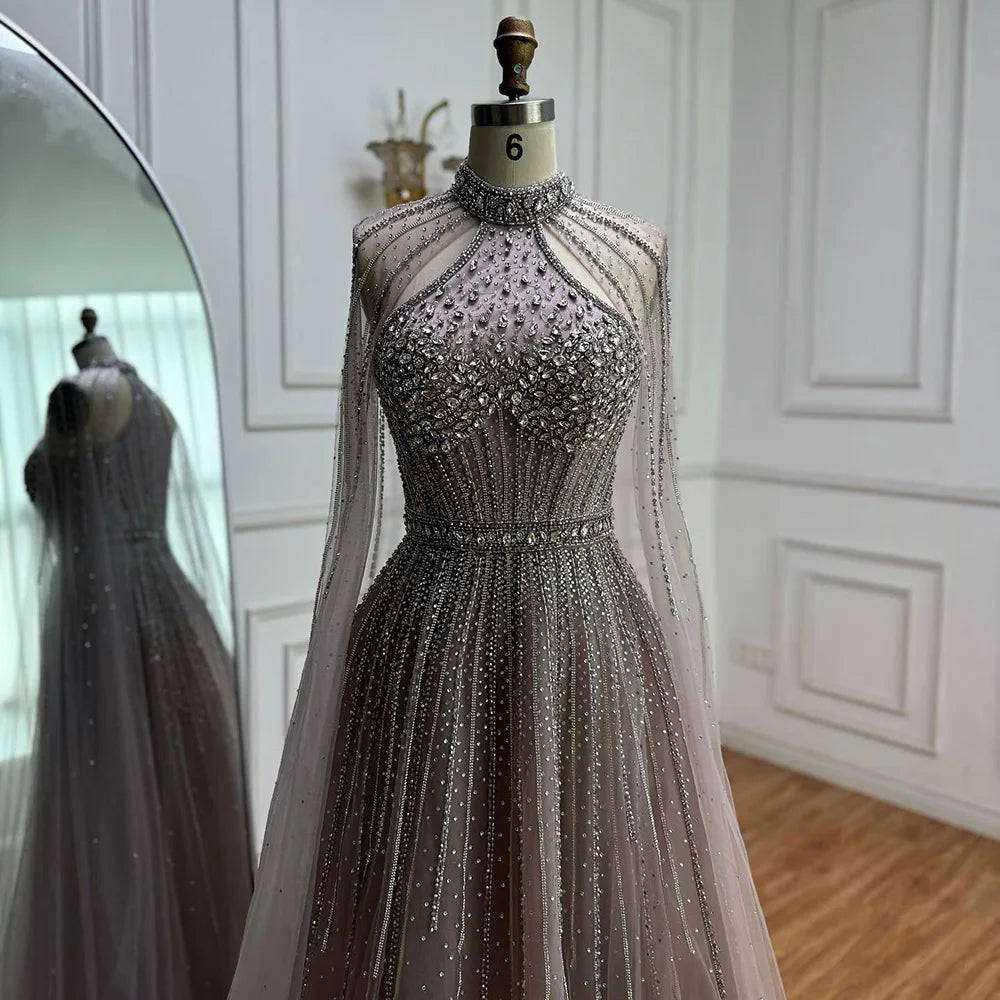 Luxury Beaded A-Line Evening Dress with Cape Sleeves LA73054