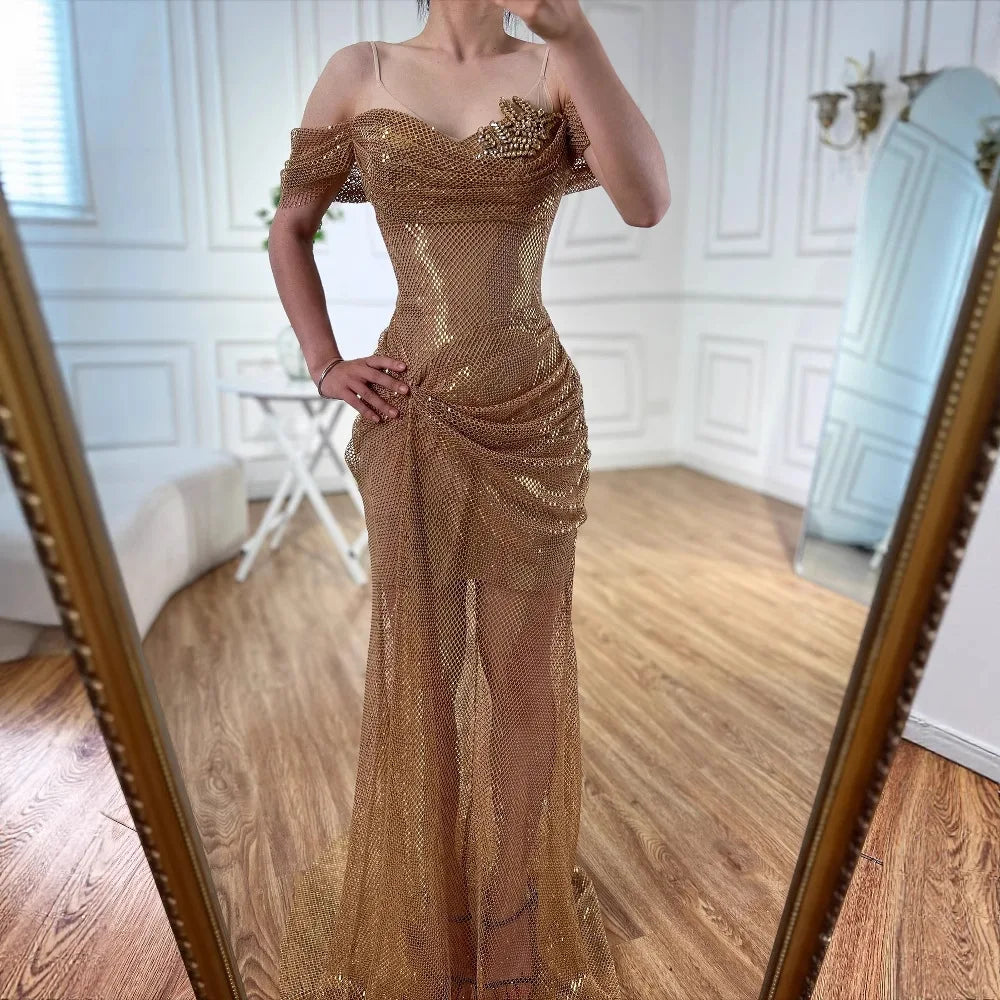 Elegant Nude Off Shoulder Beaded A-Line Evening Dress LA72807A
