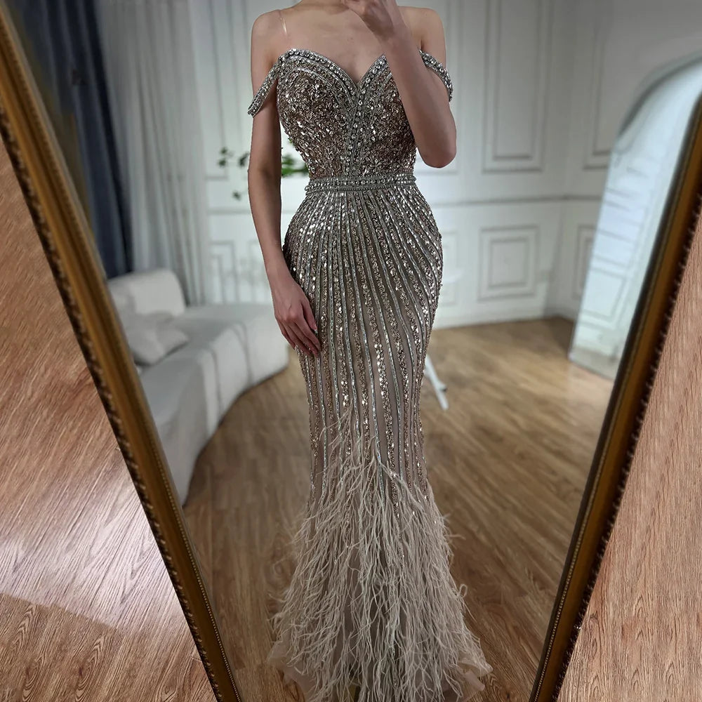 Luxury Dubai Caramel Spaghetti Strap Mermaid Gown Feathers Beaded Luxury Saudi Evening Dress for Formal Occasion LA72715