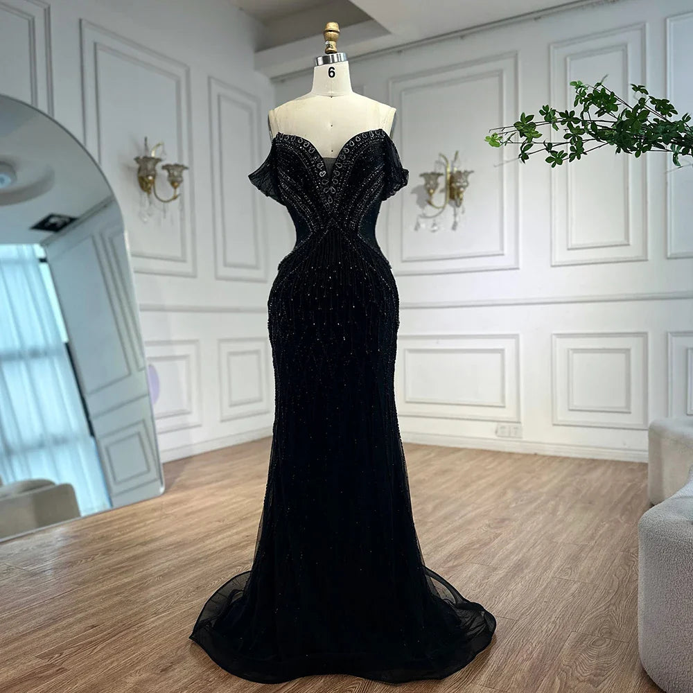 Saudi Arabic Off Shoulder Nude Beaded Tulle Mermaid Evening Gown LA72854