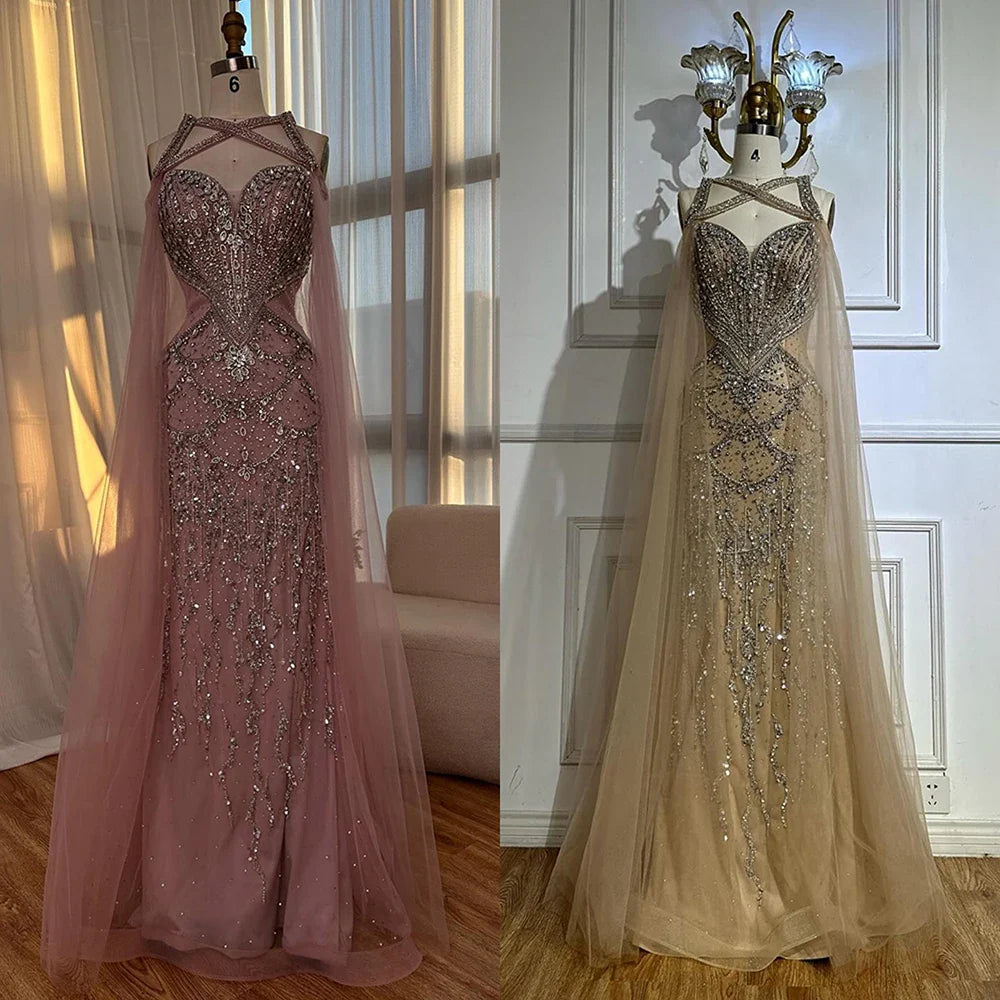 Luxury Nude Cape Sleeves Beaded Crystal Evening Dress LA72806