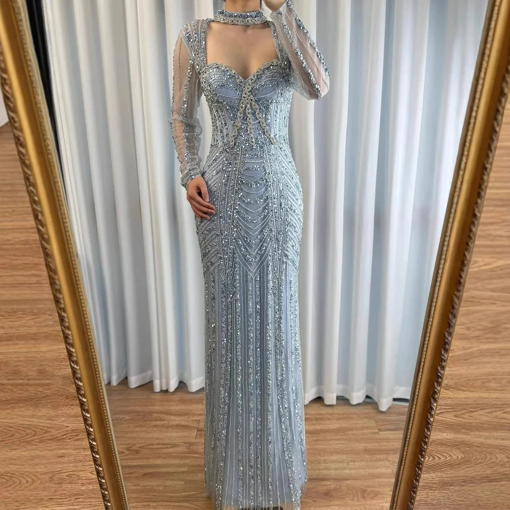 Caramel Beaded Mermaid Evening Dress with Long Sleeves LA72560B