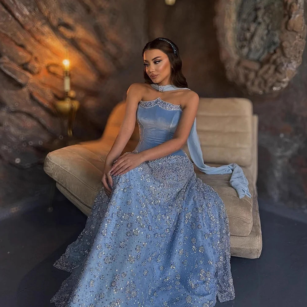 Luxury Blue Beaded A-Line Evening Dress 2025 Formal Gown LA73050B