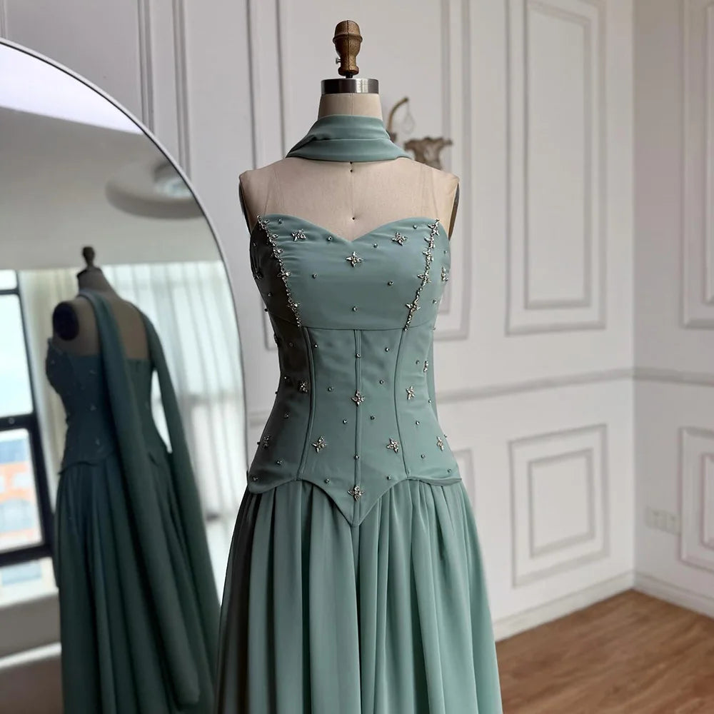 Classy Sage Green Strapless A-Line Chiffon Evening Dress LA73073