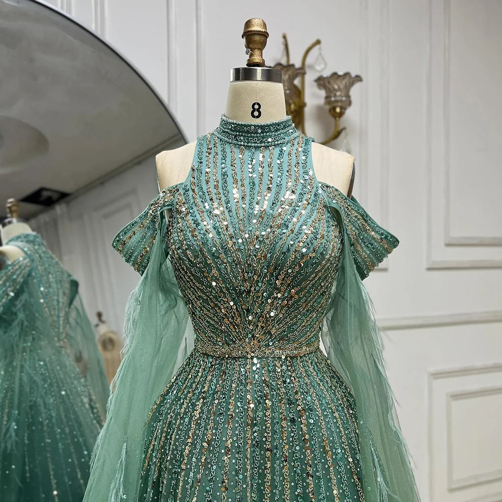 Serene Hill 2025 Arabic Turquoise Cape Sleeves A-Line Beaded Feathers Long Evening Gowns for Women Wedding Party LA72644