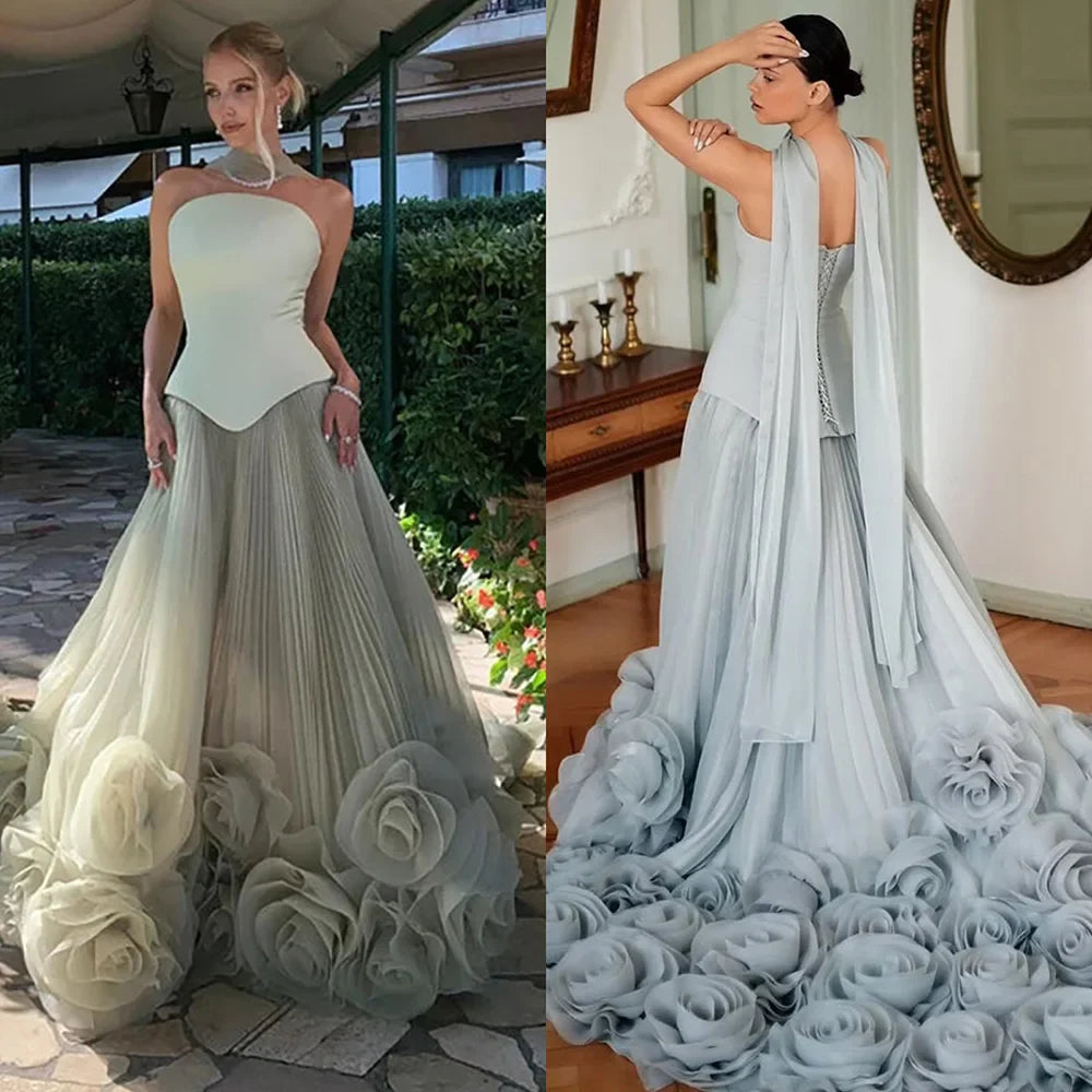 Elegant Sage Green 3D Flowers A Line Evening Dresses Gowns LA72913