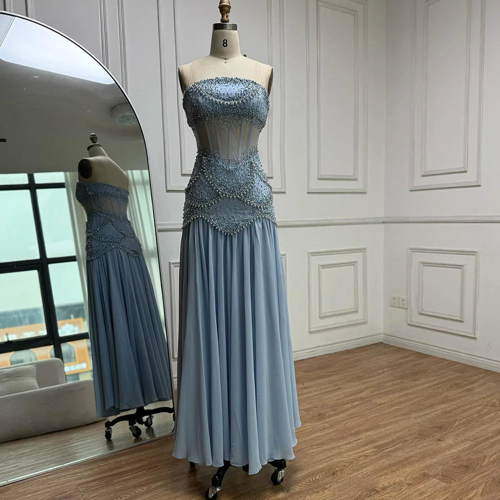 Luxury Blue Evening Dress with Pearls Tassels and Flowing Coat LA72978A