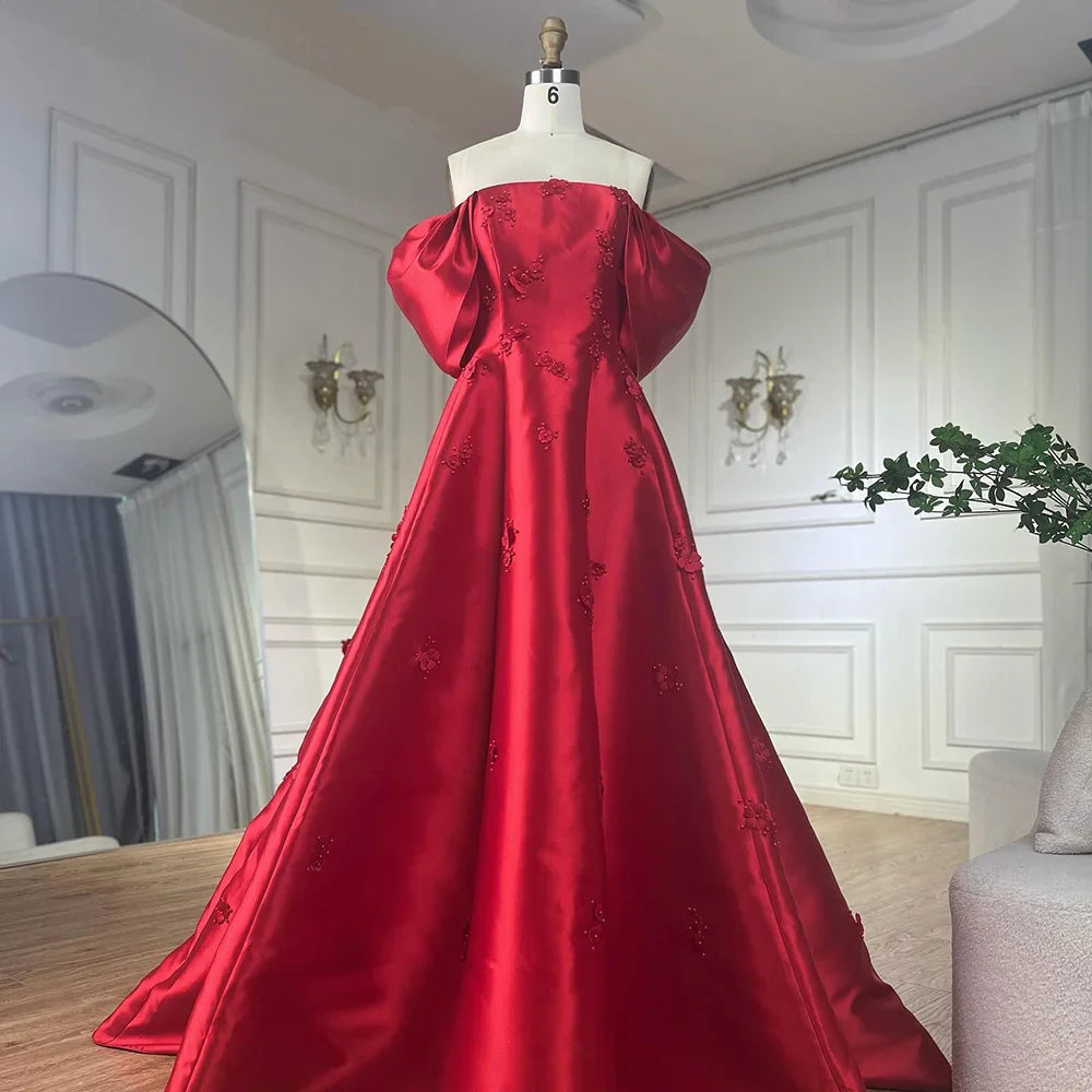 Luxury Dubai Saudi Arabia Elegant Off-Shoulder Wine Red A Line Evening Dress with Appliques Gown for Formal Occasion LA72778