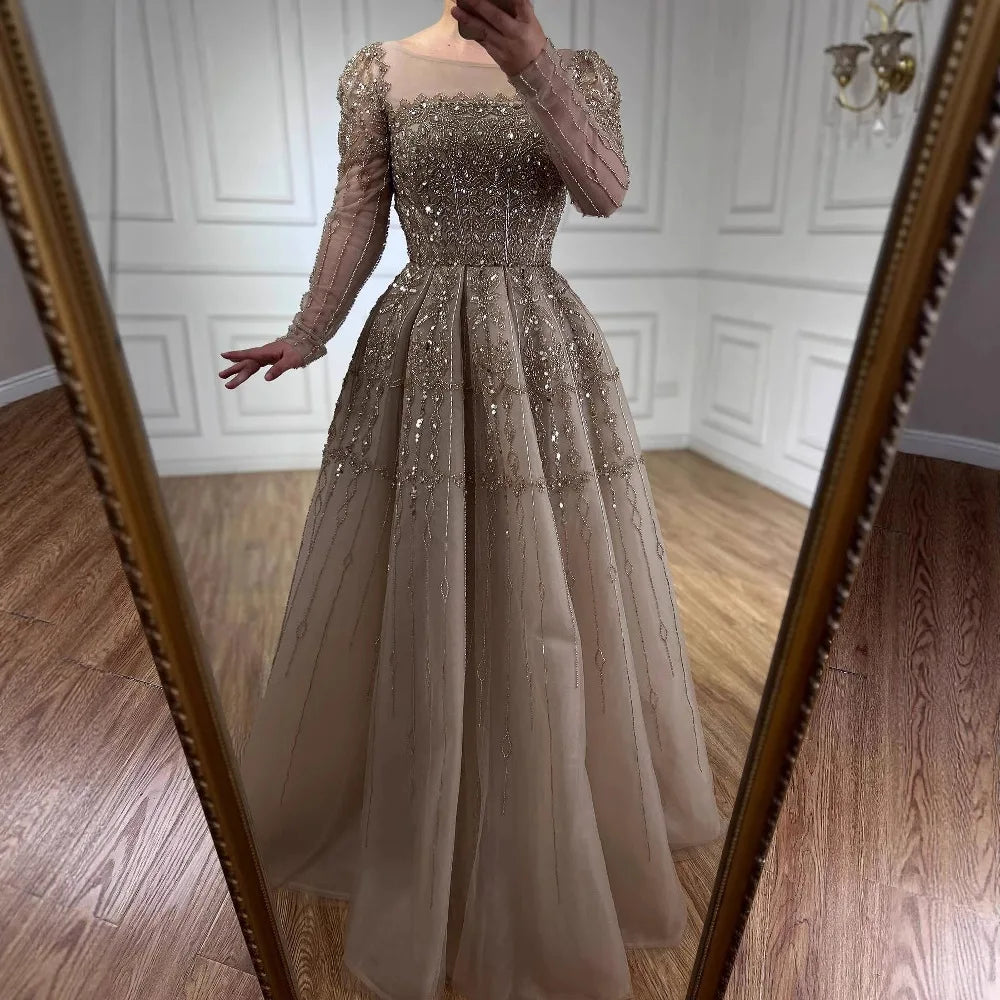 Luxury Caramel A-Line Beaded Evening Dress with Long Sleeves LA73077