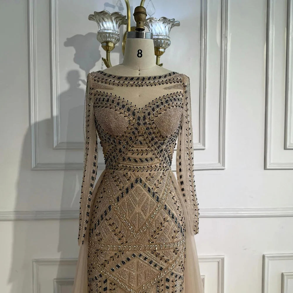Luxury Dubai Nude Evening Dress With Long Sleeves LA72967