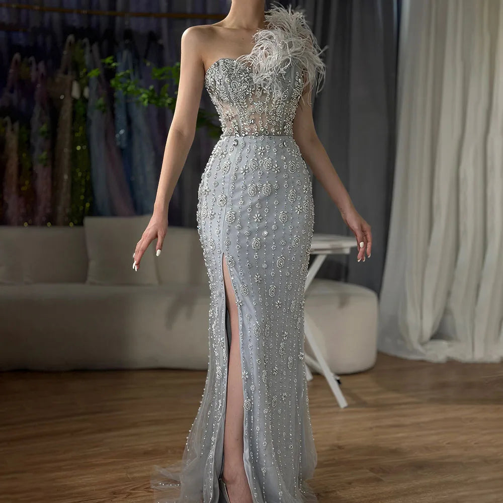 Serene Hill Gray Mermaid One Shoulder High Split Beaded Feather Luxury Evening Dresses Gowns For Women Party 2025 LA72347