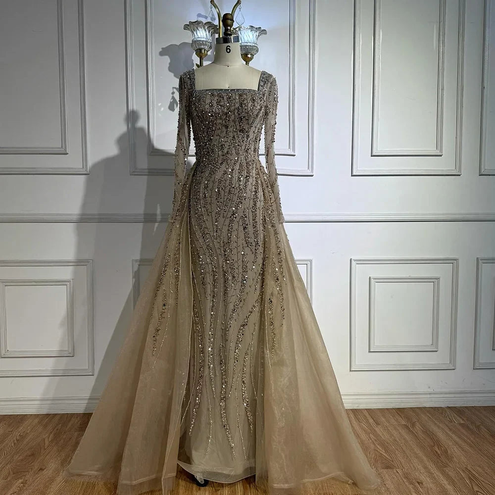 Luxury Arabic Caramel Beaded Mermaid Evening Dress with Overskirt LA72710A
