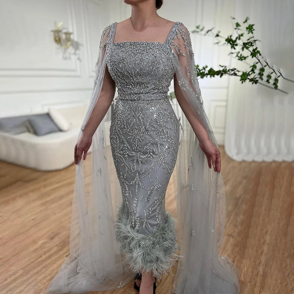 Dubai Luxury Feathers Lilac Evening Dress with Cape Sleeves LA71841