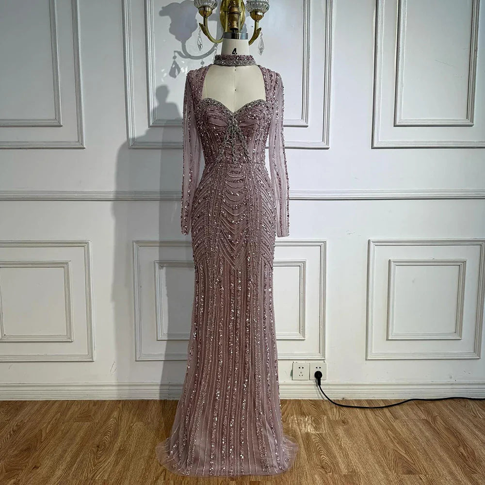 Caramel Beaded Mermaid Evening Dress with Long Sleeves LA72560B