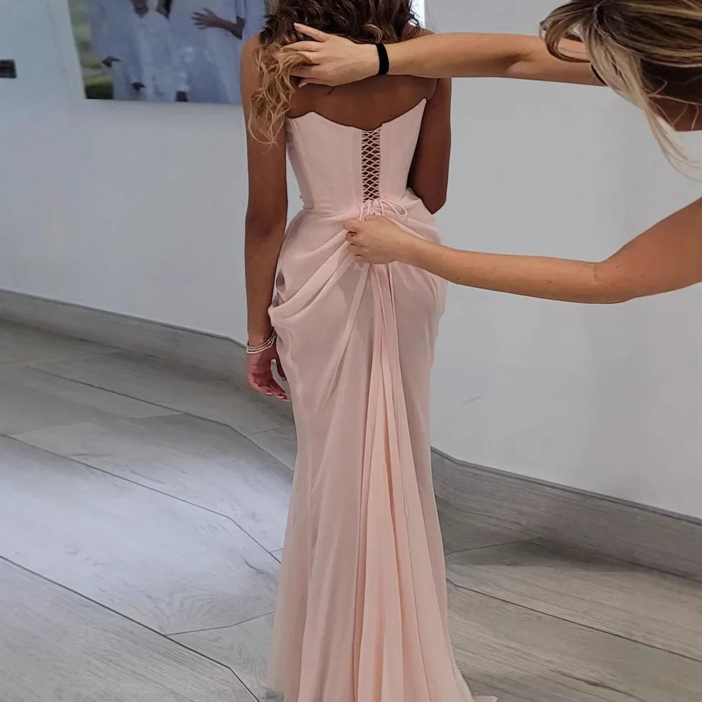 Luxury Pink Handmade Chiffon Mermaid Evening Gown Corset LA72946