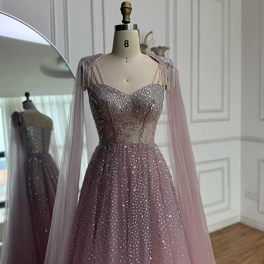 Luxury Pink Tulle Beaded A-Line Evening Dress with Cape Sleeves LA73072