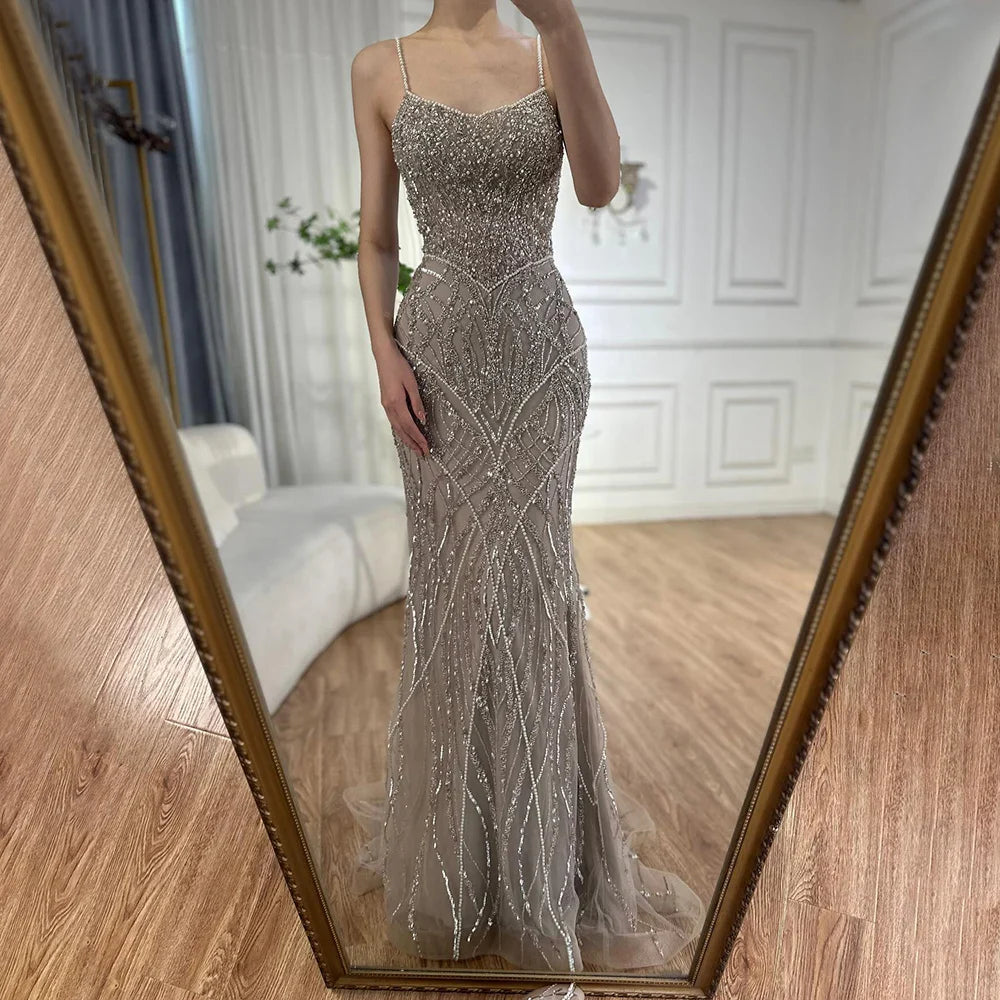 Sage Green Beaded Evening Dress Detachable Overskirt Party LA72733A