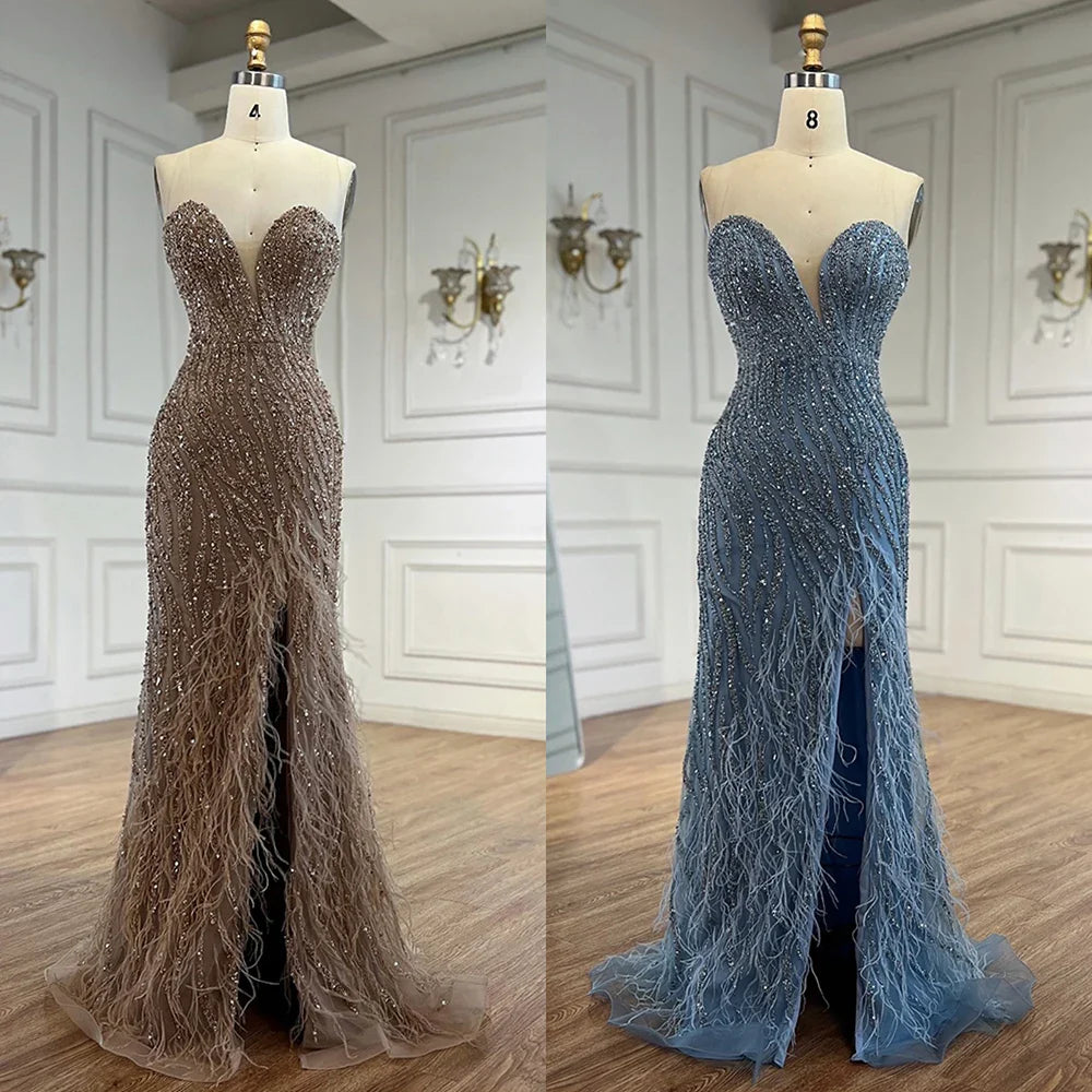 Luxury Blue Feather Beaded Evening Dress with Side Skirt LA72695