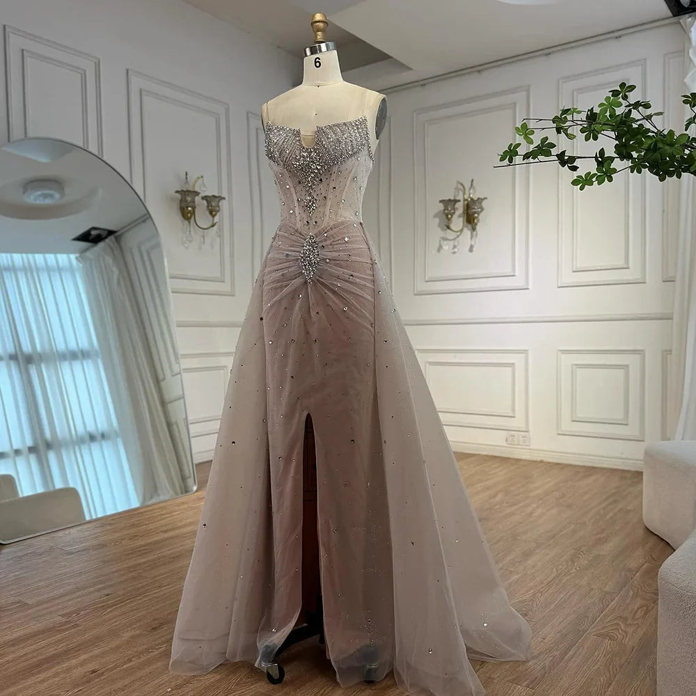 Luxury White Nude Beaded Evening Dress with Overskirt LA73107