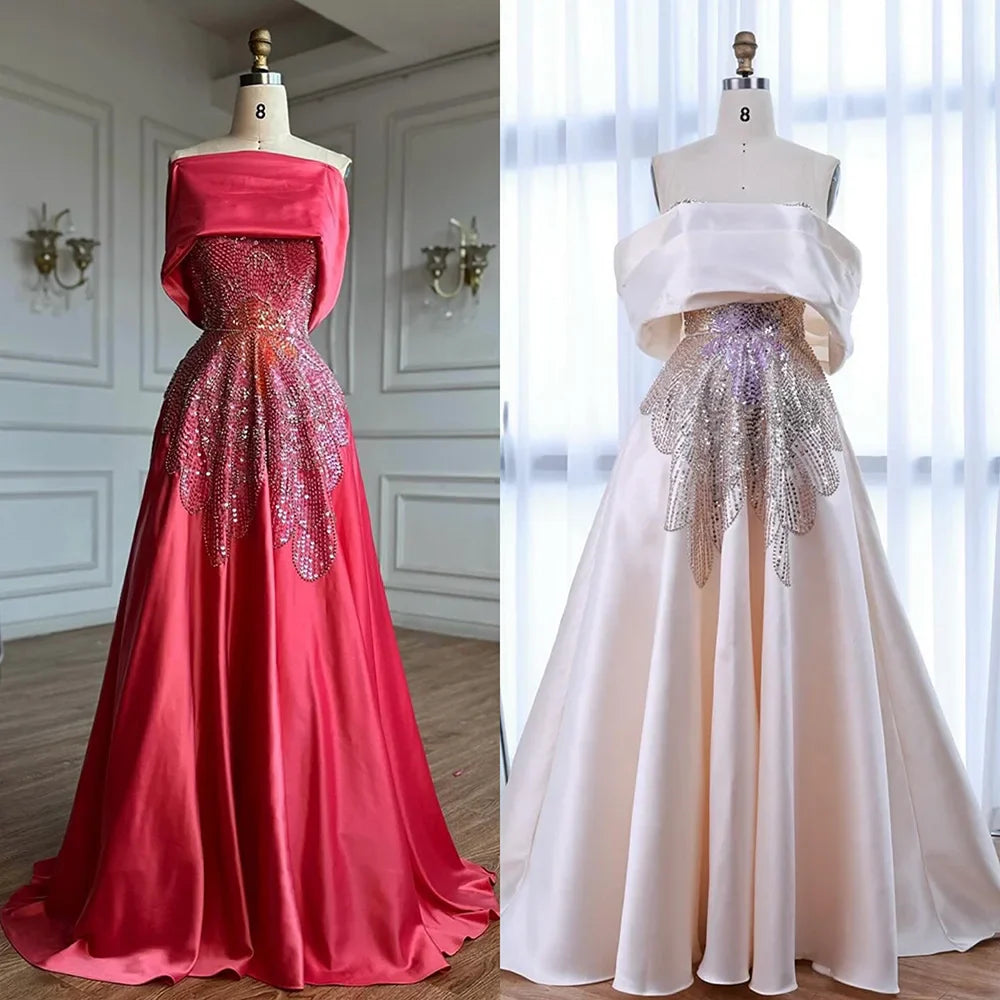 Luxury Pink Satin A-Line Beaded Evening Dress LA72195A