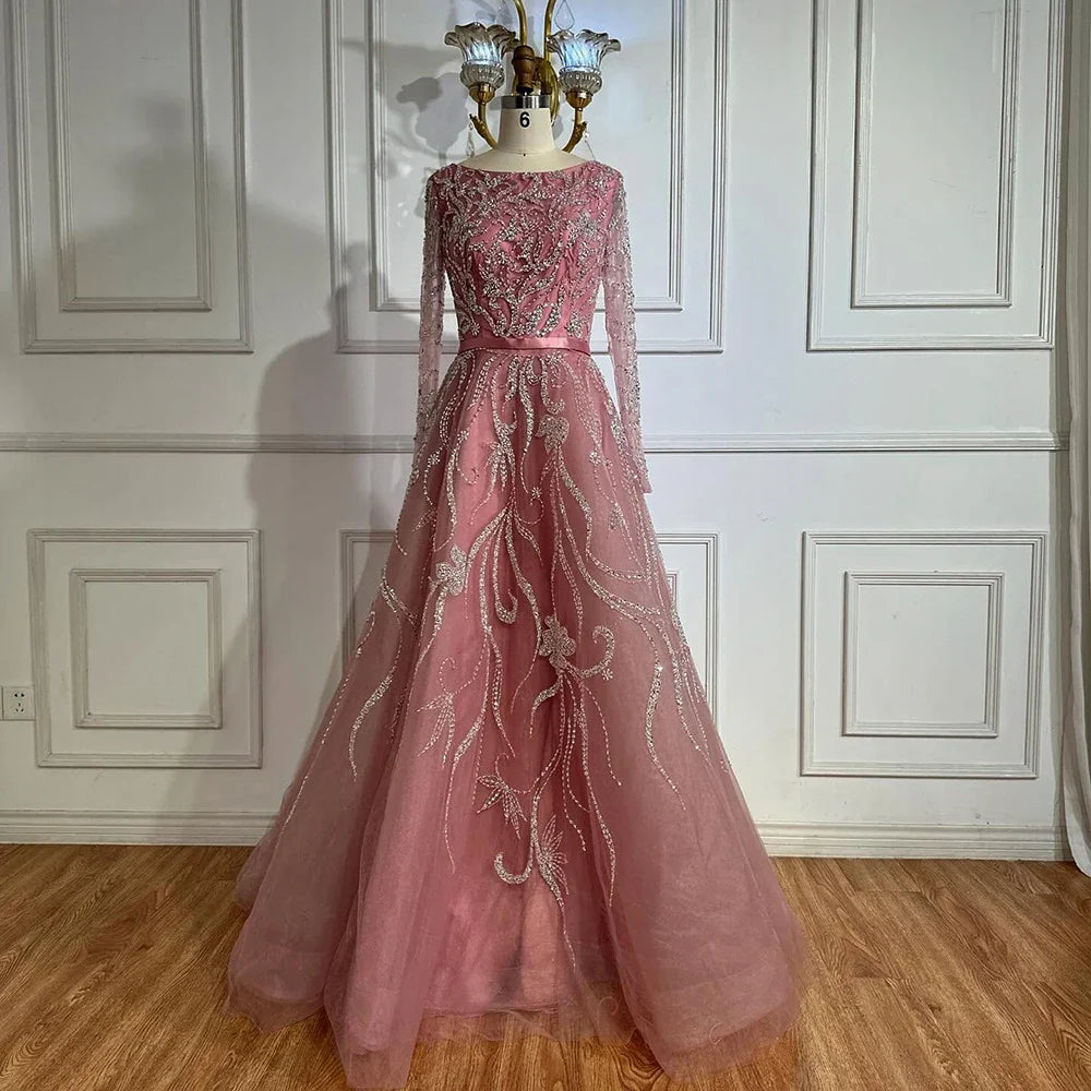Muslim Nude A-Line Beaded Evening Dress with Long Sleeves LA71596A