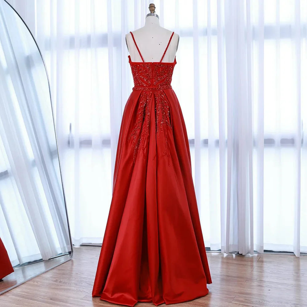 Luxury Red Beaded High Slit Evening Gown with Overskirt LA72936