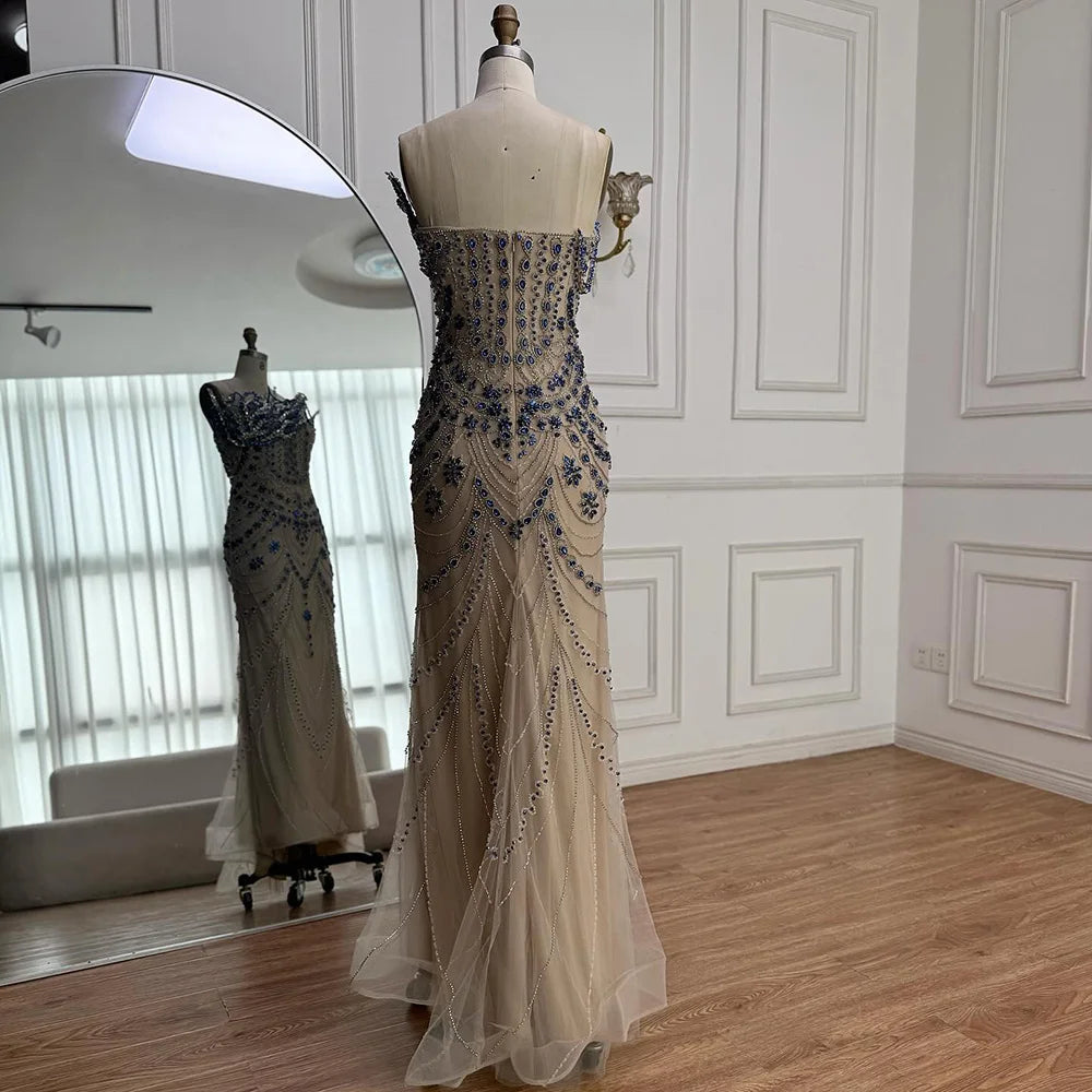 Luxury Blue Crystal Beaded Mermaid Evening Dress LA72760B