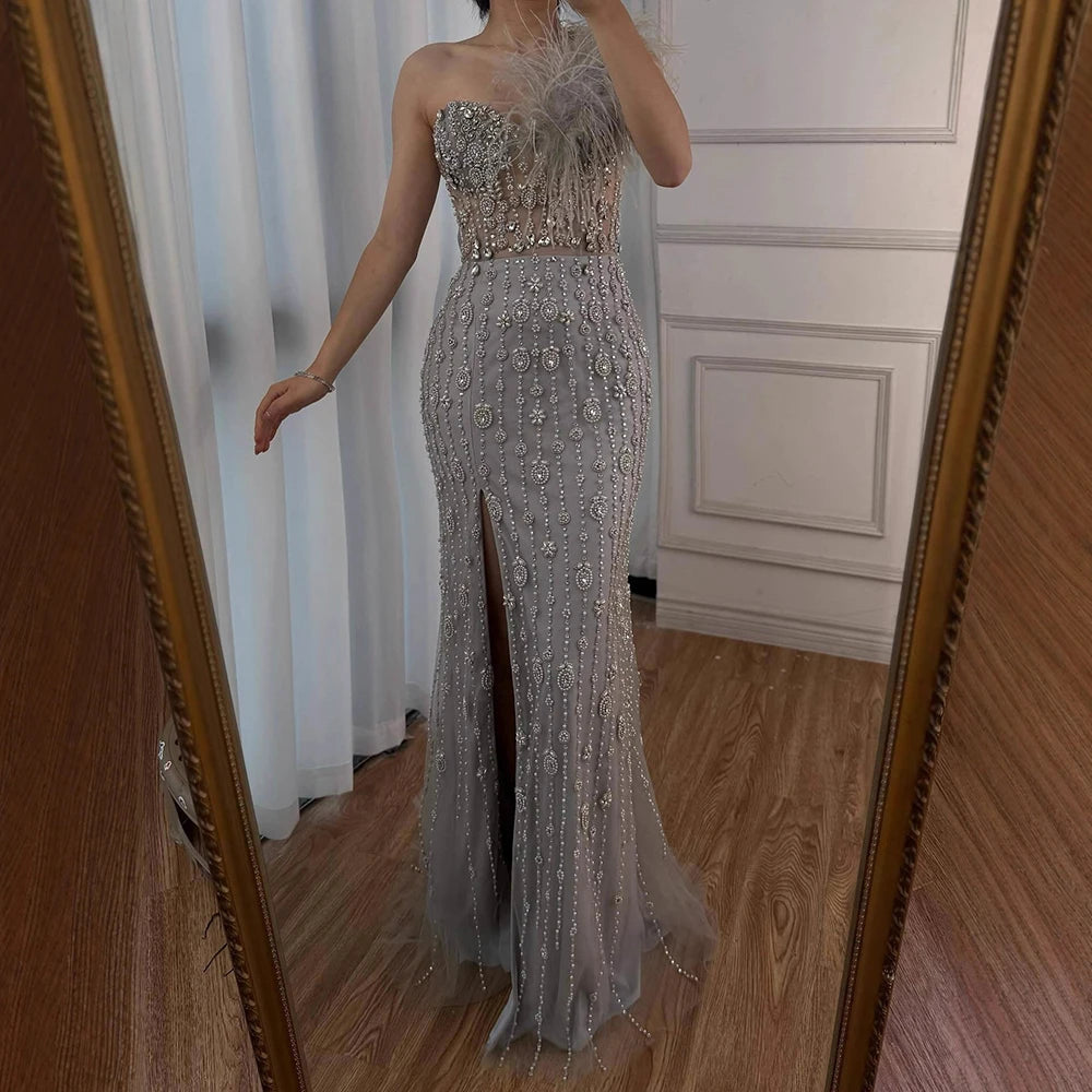 Luxury Gray One Shoulder Mermaid Beaded Feather Evening Dress LA72347