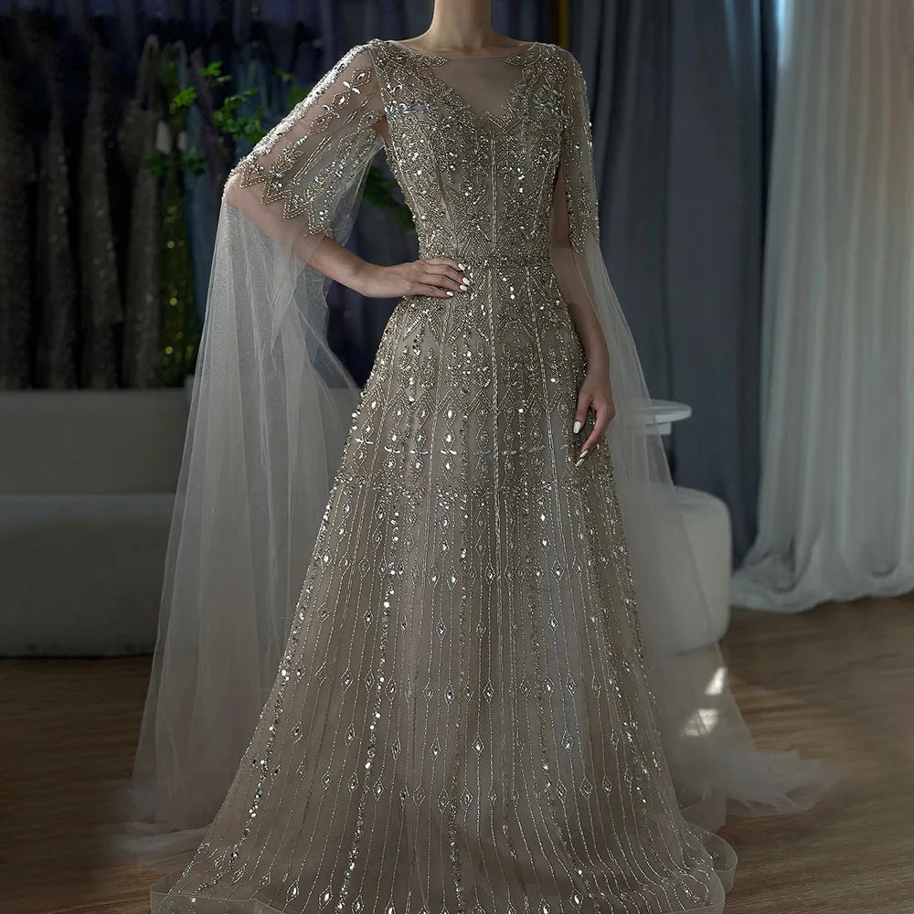 Serene Hill Muslim A-Line Blue Beaded Luxury Evening Gowns with Cape Sleeves for Women's Party Dubai LA72666