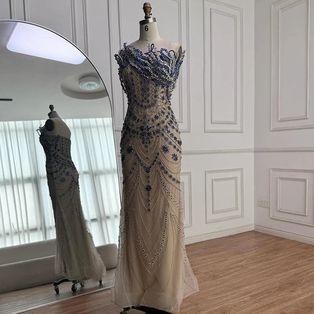 Luxury Blue Crystal Beaded Mermaid Evening Dress LA72760B