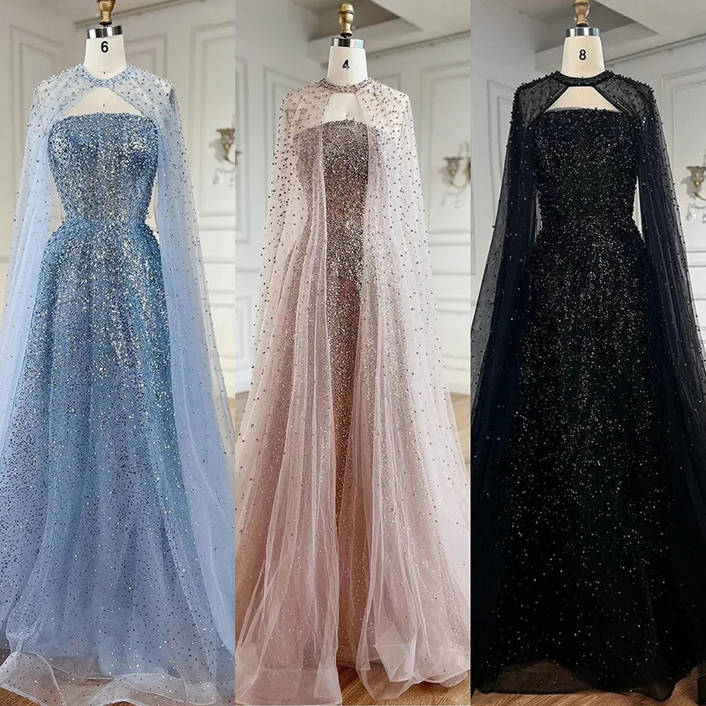 Luxury Arabic Blue A-Line Evening Dress with Cape Sleeves Plus Size LA72659
