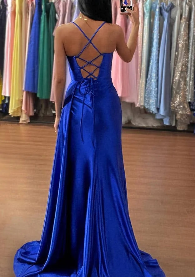 Serene Hill Arabic Blue Mermaid Spaghetti Straps Silk-like Satin Ruched Prom Dress for Women's Party LA72682