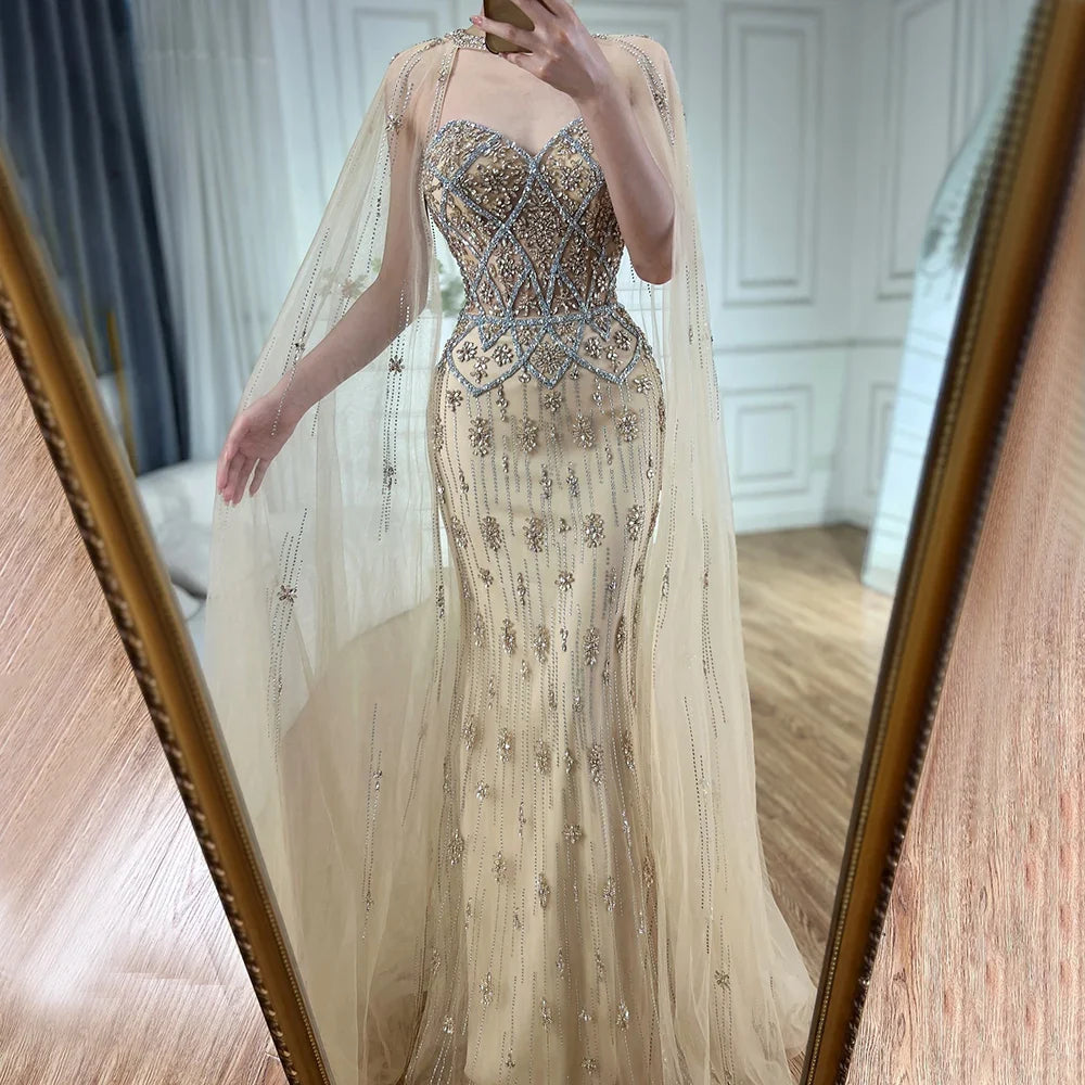 Luxury Dubai Nude Saudi Evening Gown Mermaid Detachable Cape Sleeves Luxury Beaded Dress for Formal Occasion LA72716