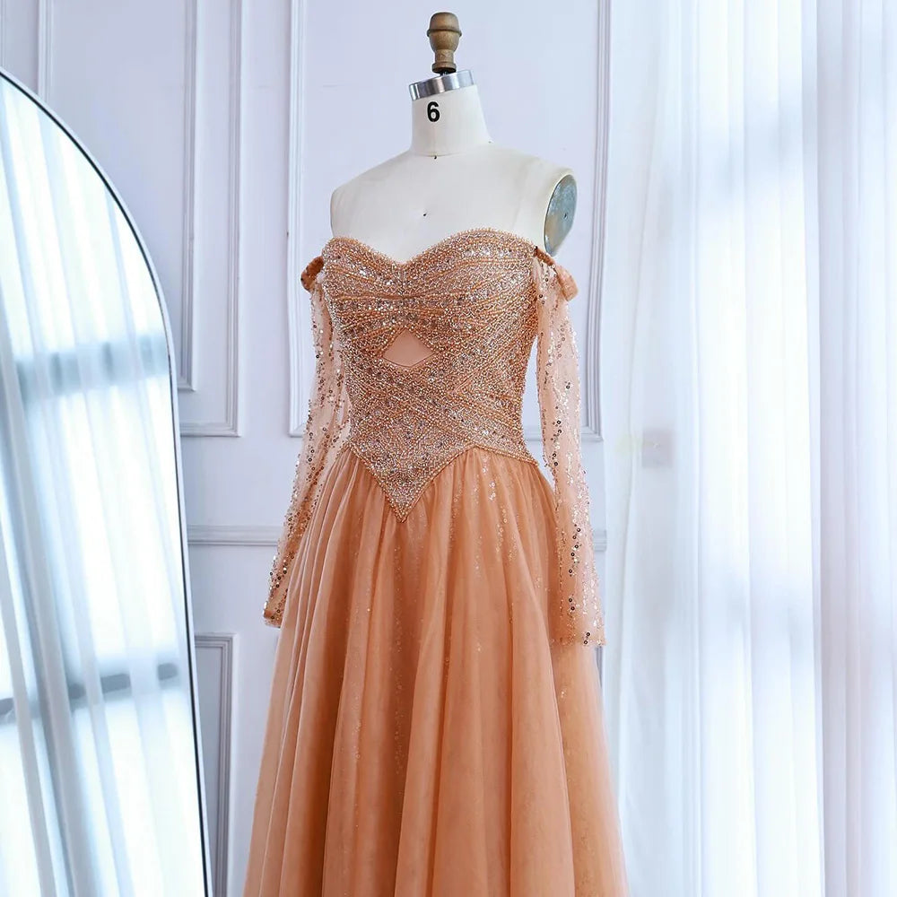 Luxury Nude Off Shoulder A-Line Beaded Evening Dress LA73038