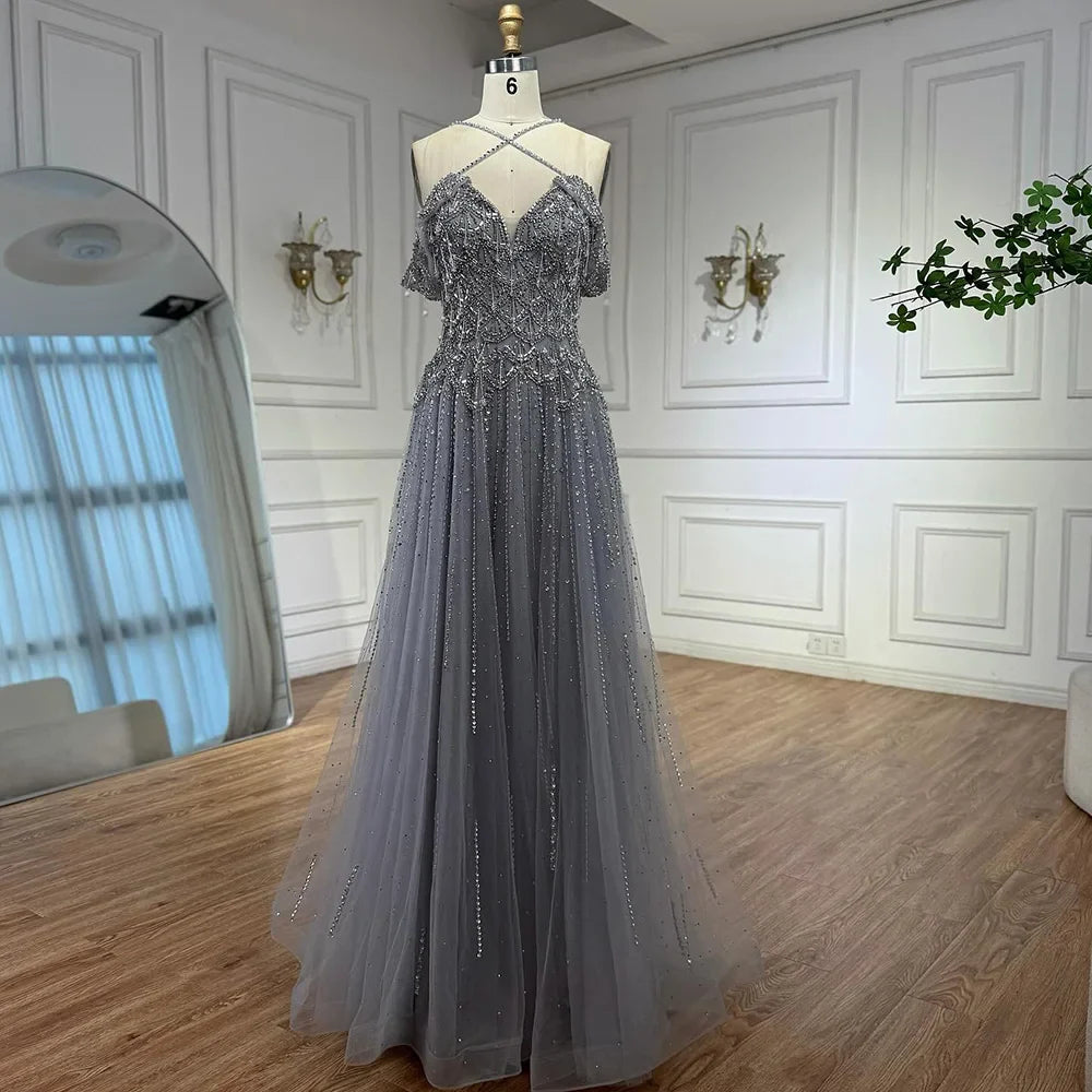 Luxury Arabic Caramel Off Shoulder Beaded A Line Evening Dress LA71606