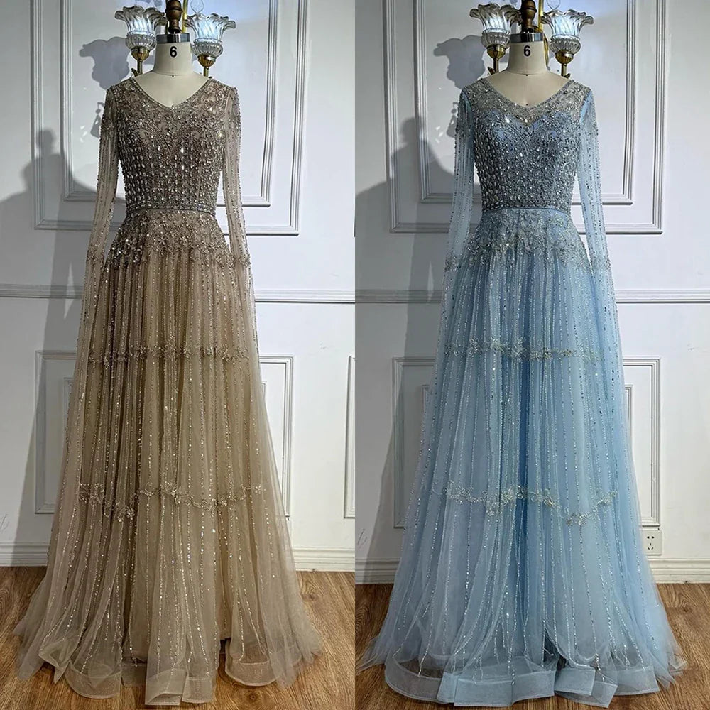 Elegant A-Line Beaded Evening Dress with Cape Sleeves LA73075