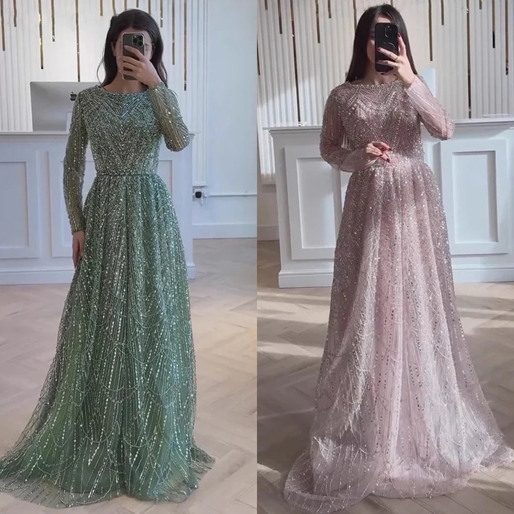 Luxury Olive Green Beaded A-Line Modest Evening Dress LA72738B