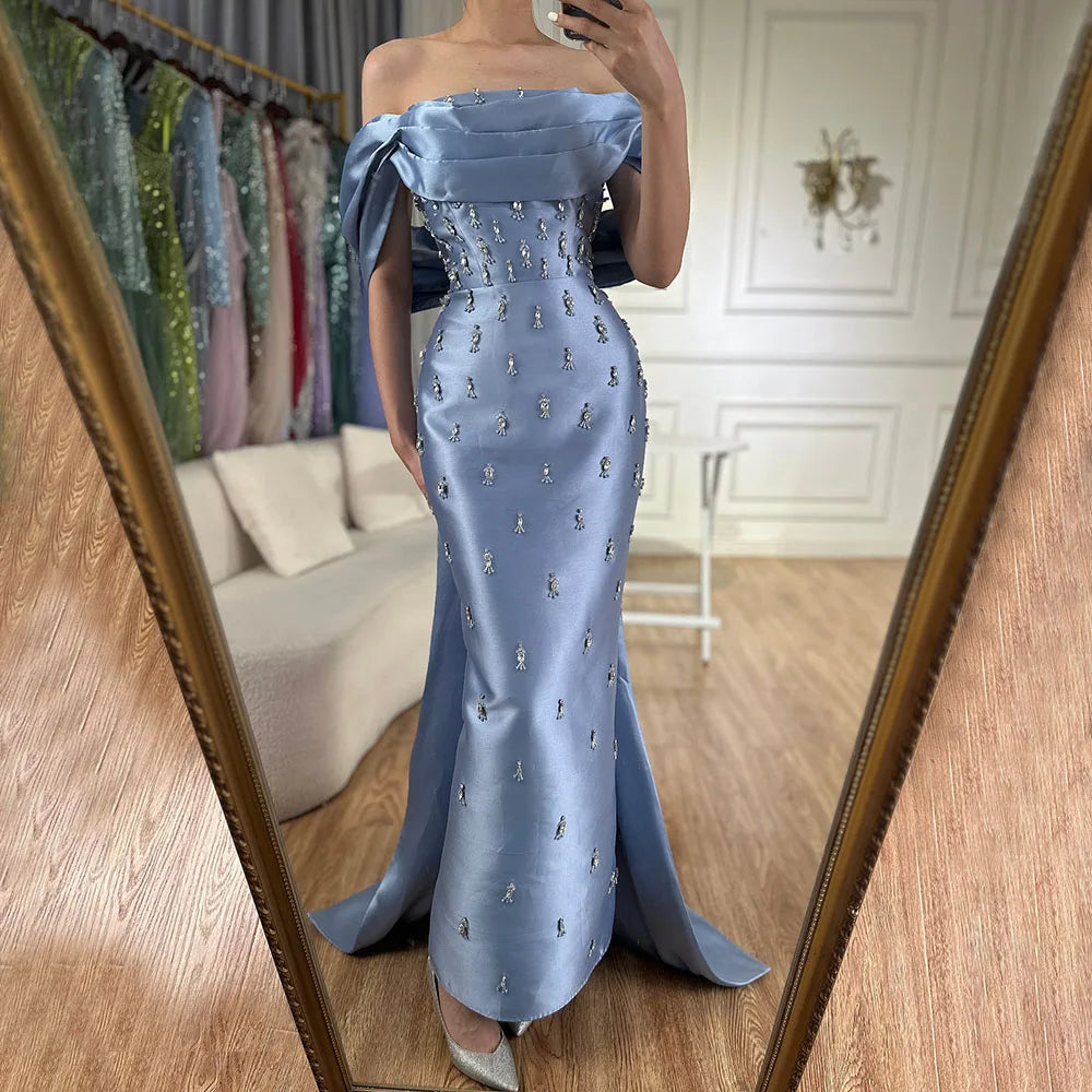 Serene Hill 2025 Arabic Blue Beaded Crystal Ankle-Length Mermaid Satin Evening Dresses Gowns for Women Wedding Party LA72414A