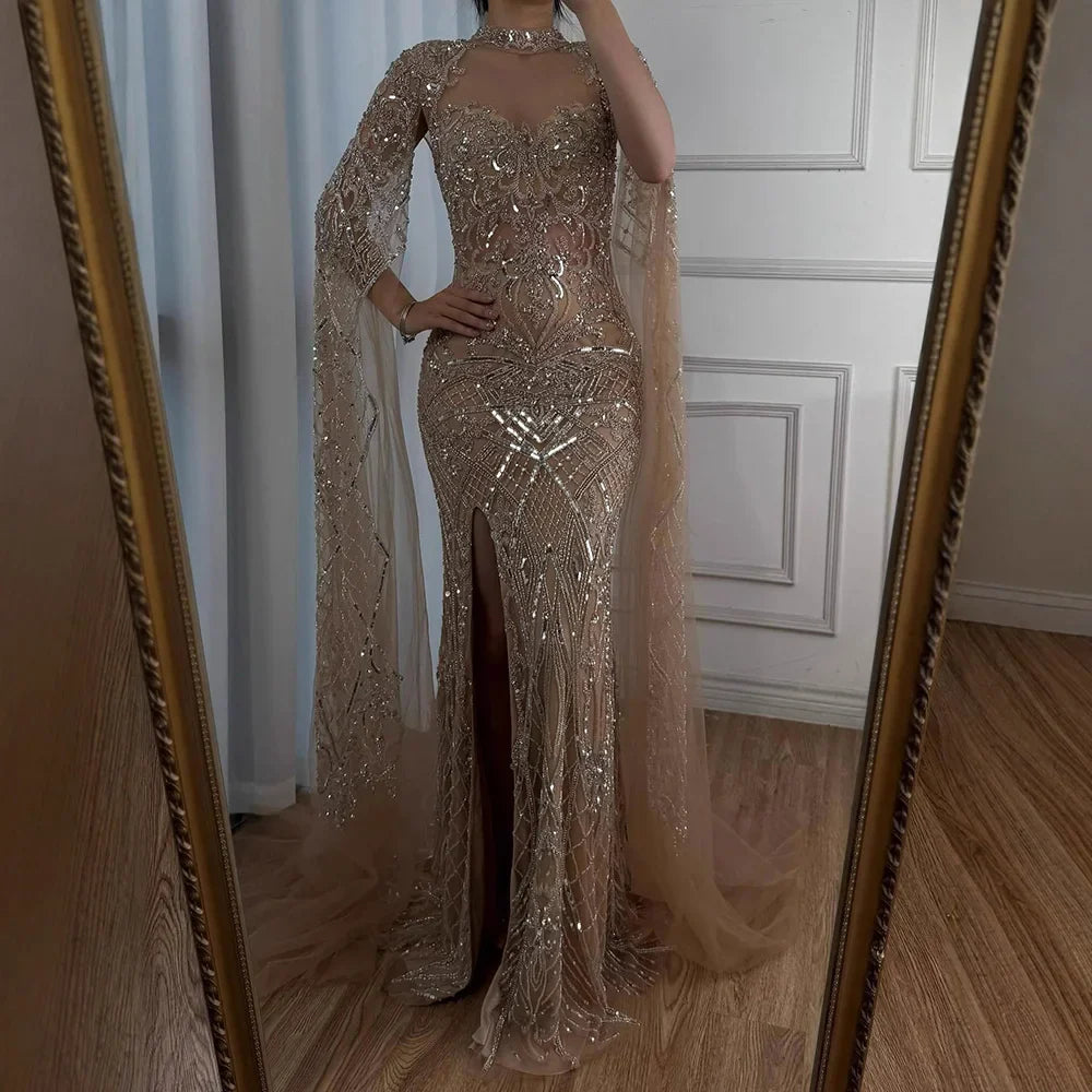Luxury Nude Beaded Mermaid Evening Dress with Cape LA71747