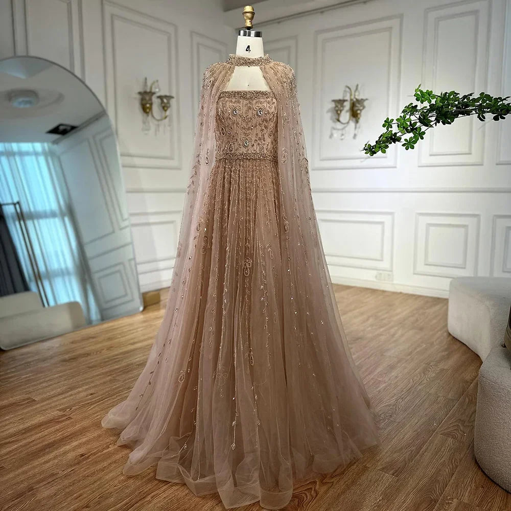 Nude Square Neck Beaded A-Line Evening Dress LA72835