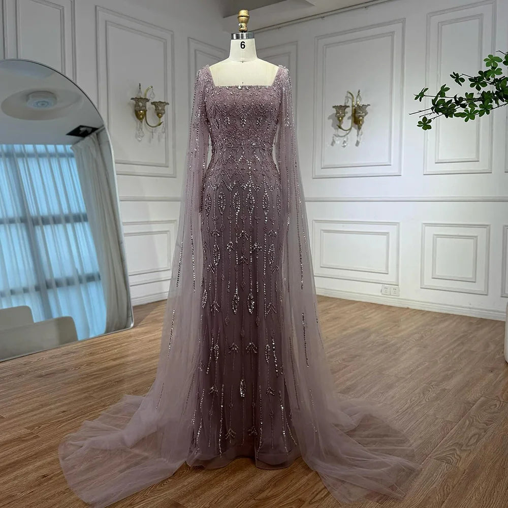 Luxury Designer Beige Beaded Evening Dress with Cape Sleeves LA72992