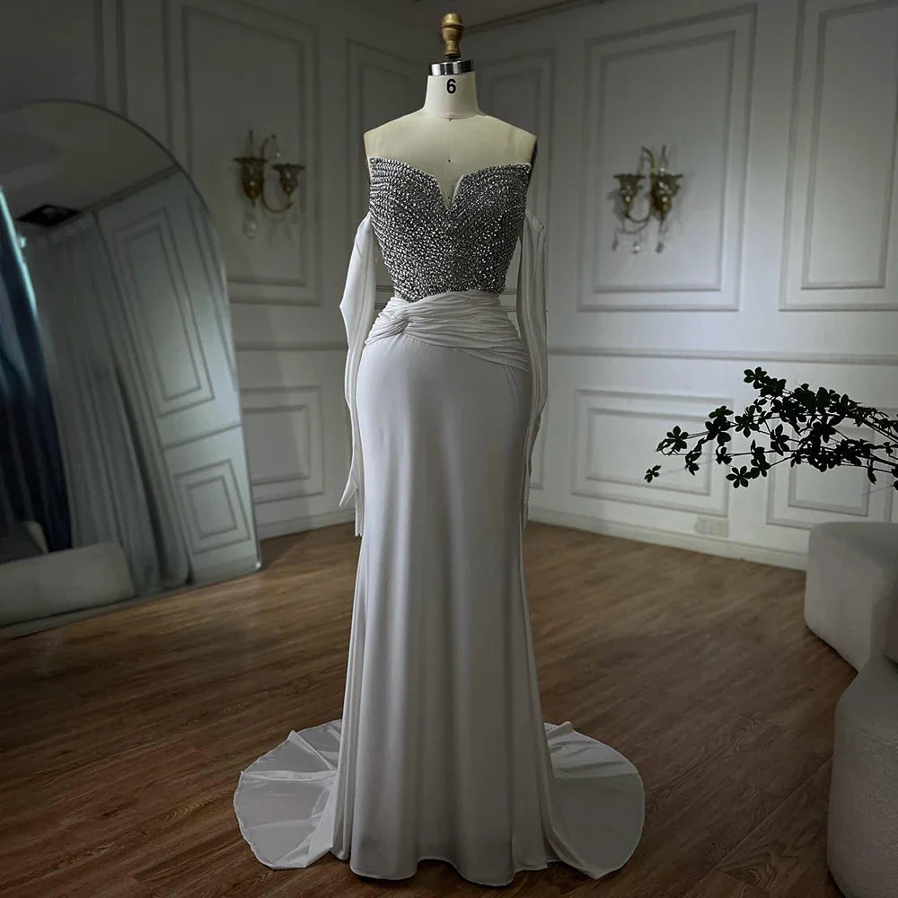Luxury Dubai Elegant White Arabic Evening Gown with Crystal Beaded Dress and Gloves for Formal Occasion LA72758