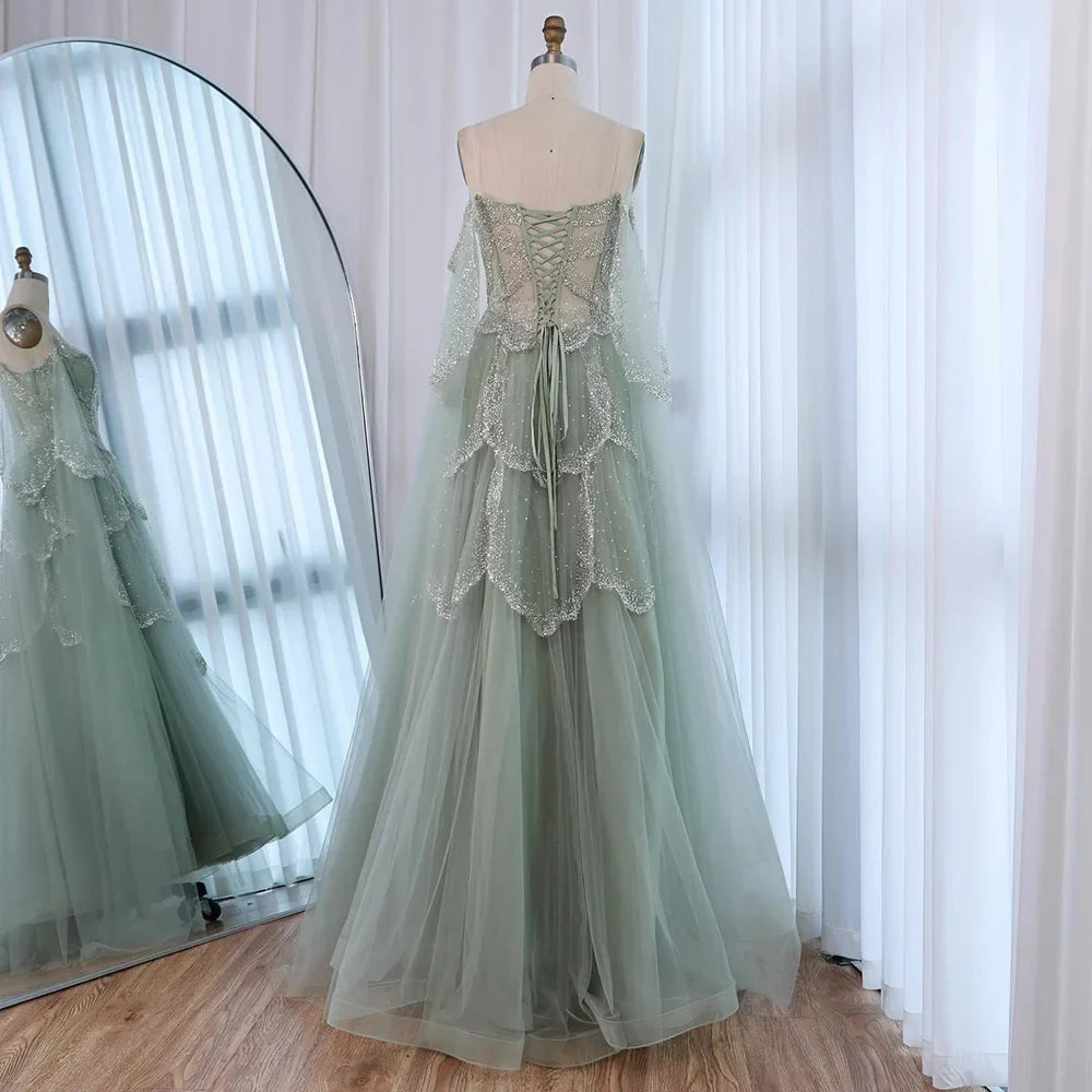 Luxury Arabic Sage Green Beaded A-Line Evening Dress with Cape LA72605A