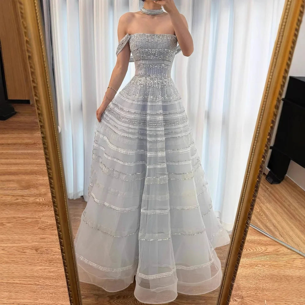 Luxury Pink Off Shoulder A-Line Beaded Evening Dress LA73079