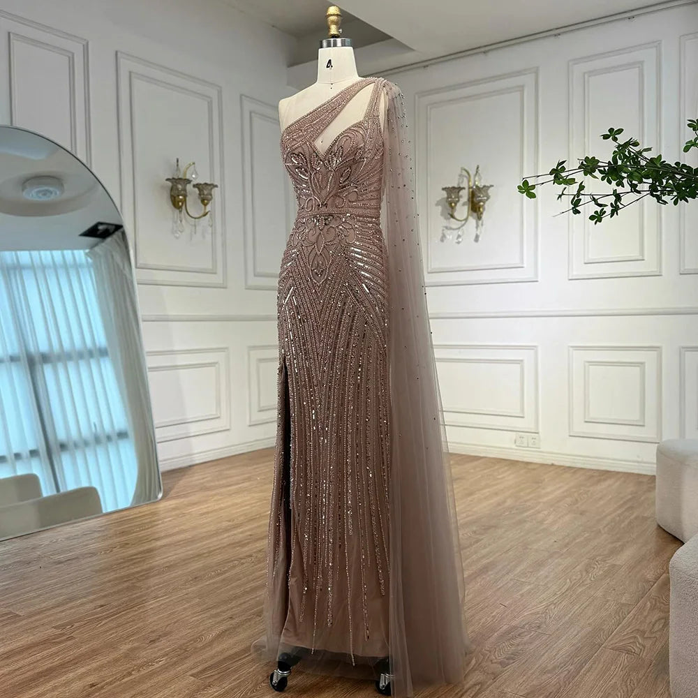 Luxury Caramel Beaded Mermaid Evening Dress with One Shoulder Cape LA73085