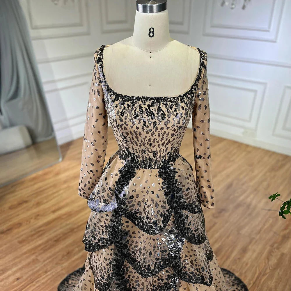 Luxury Black Nude Sequin Evening Dress with Long Sleeves LA72505B